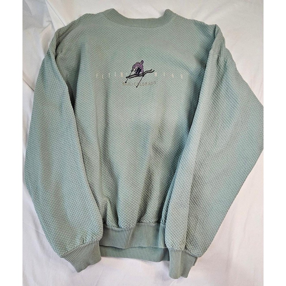 Vintage WEK Vail Colorado Skier Sweatshirt Sage Green Textured Cotton USA Large